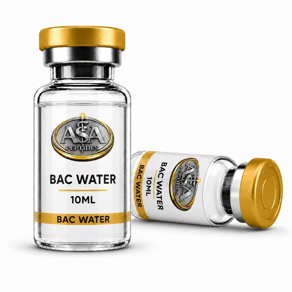 BAC Water 10ml vial by ASA Peptides with gold cap and clear laboratory label