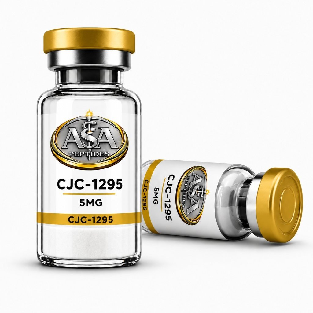 ASA Peptides CJC-1295 5mg research peptide vial with gold cap and premium laboratory packaging