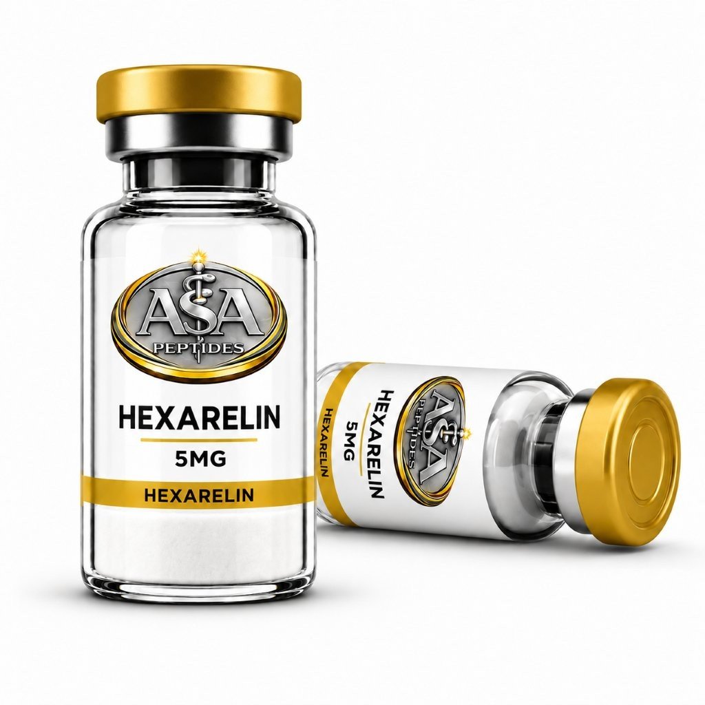 Hexarelin 5mg peptide vial by ASA Peptides with gold cap and premium laboratory label