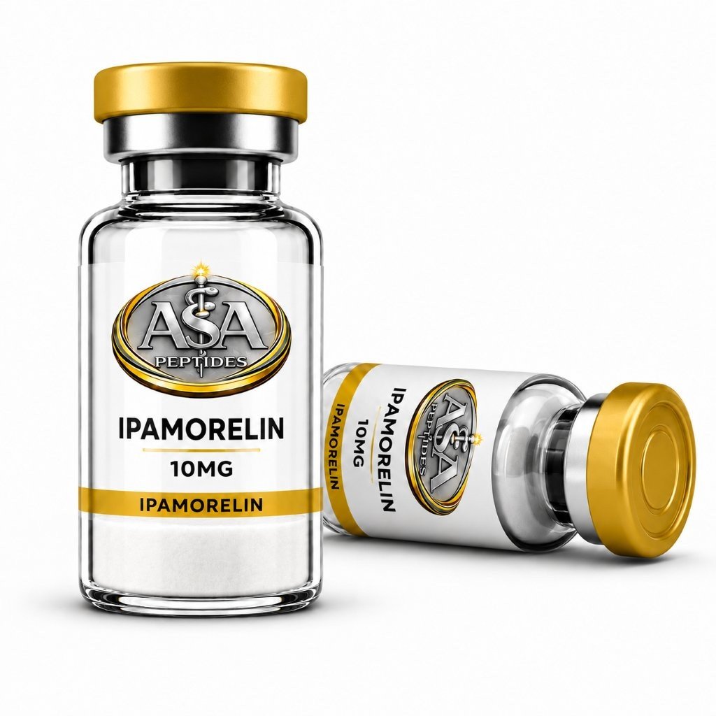Ipamorelin 10mg peptide vial by ASA Peptides with gold cap and premium laboratory label