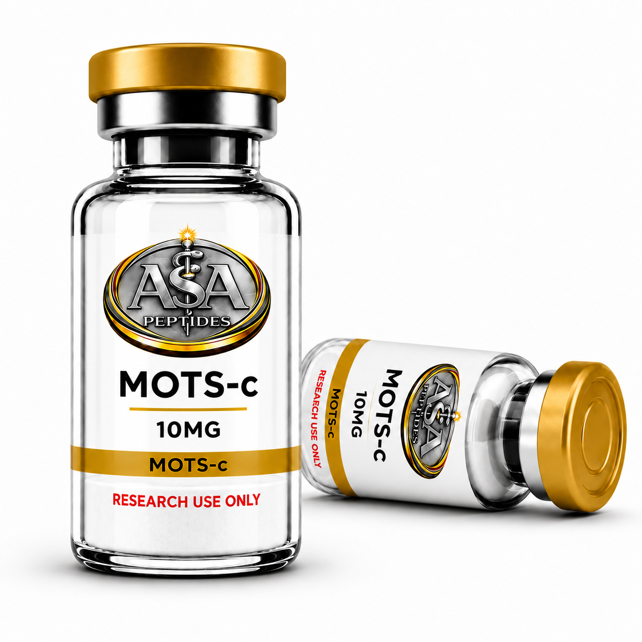 MOTS-c 10mg peptide vial by ASA Peptides with gold cap and premium laboratory label