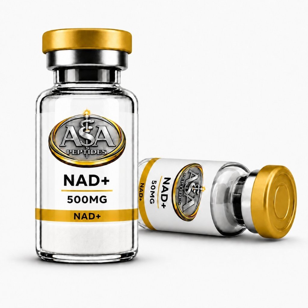 NAD+ 500mg vial by ASA Peptides with gold cap and premium laboratory packaging