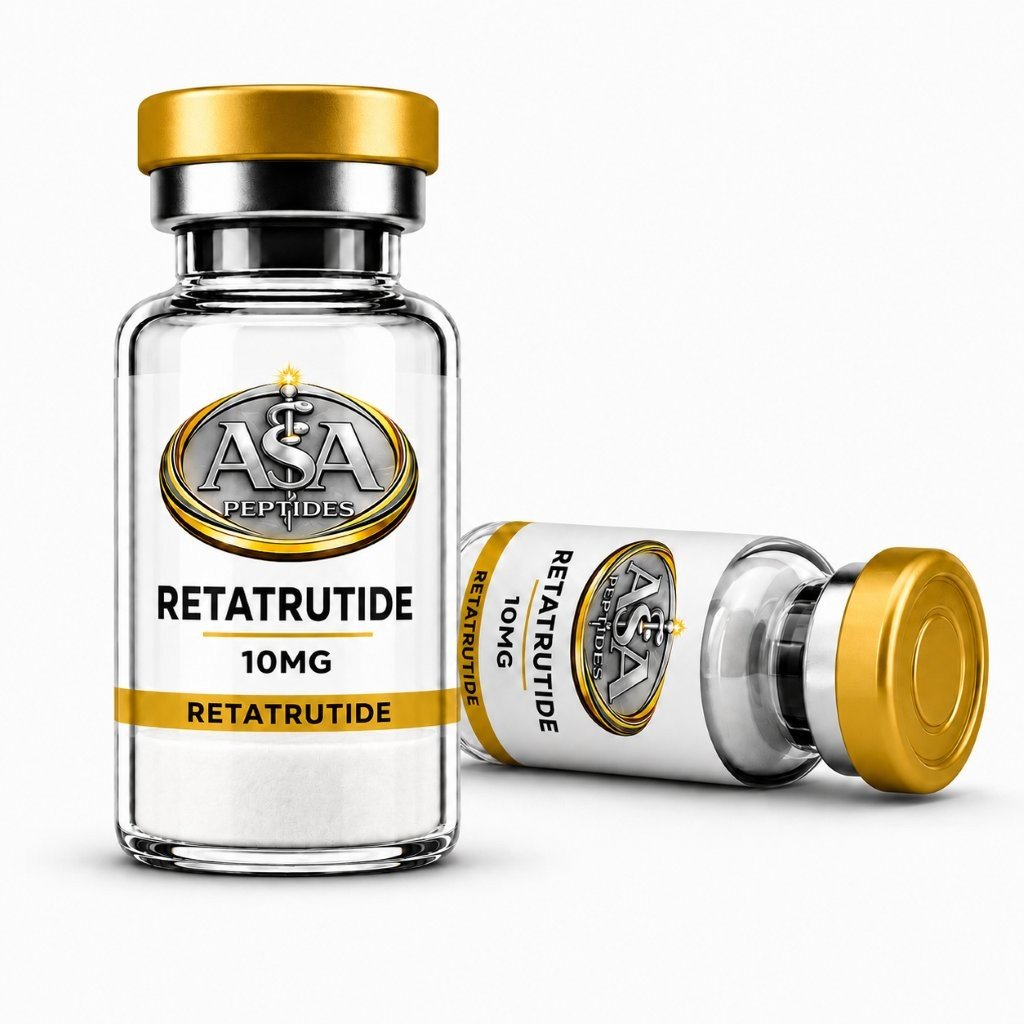 Retatrutide 10mg peptide vial by ASA Peptides with gold cap and premium laboratory label