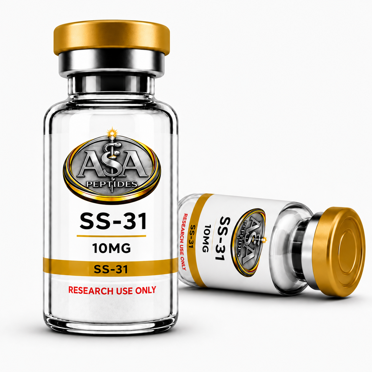 SS-31 10mg peptide vial by ASA Peptides with gold cap and premium laboratory label