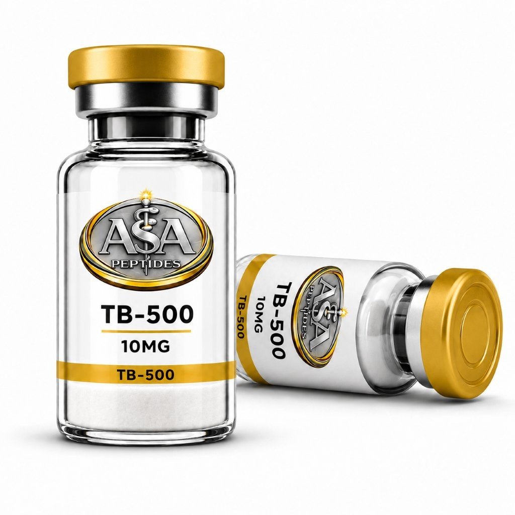TB-500 10mg peptide vial by ASA Peptides with gold cap and premium laboratory label