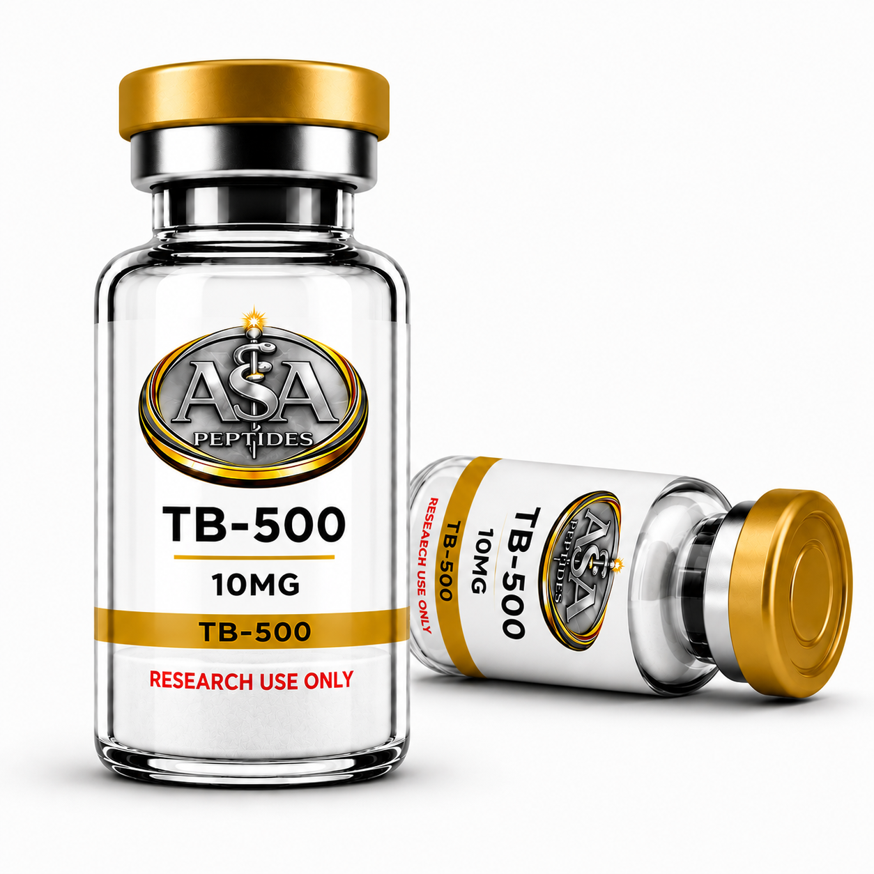 TB500 10mg peptide vial by ASA Peptides with gold cap and premium laboratory label